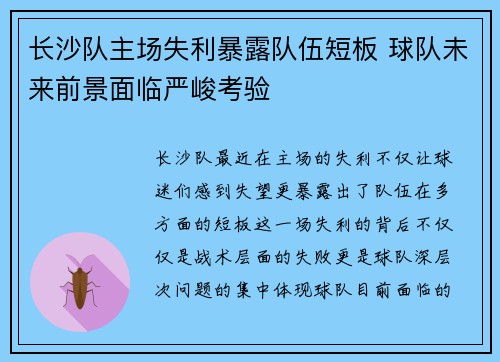 长沙队主场失利暴露队伍短板 球队未来前景面临严峻考验