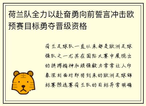 荷兰队全力以赴奋勇向前誓言冲击欧预赛目标勇夺晋级资格