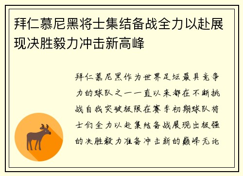拜仁慕尼黑将士集结备战全力以赴展现决胜毅力冲击新高峰
